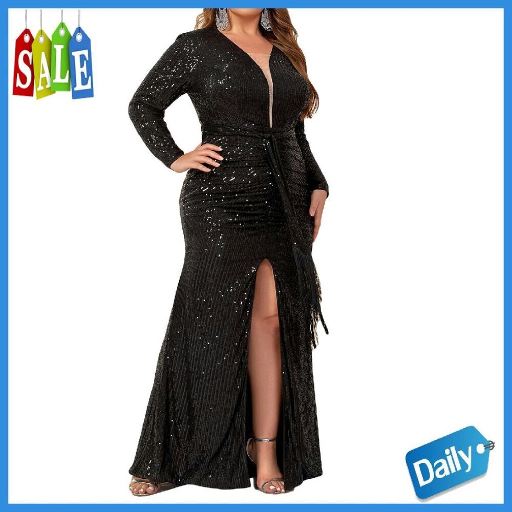 Plus Size Long Sleeve Sequin Formal Maxi Dress Side Split Evening Gown